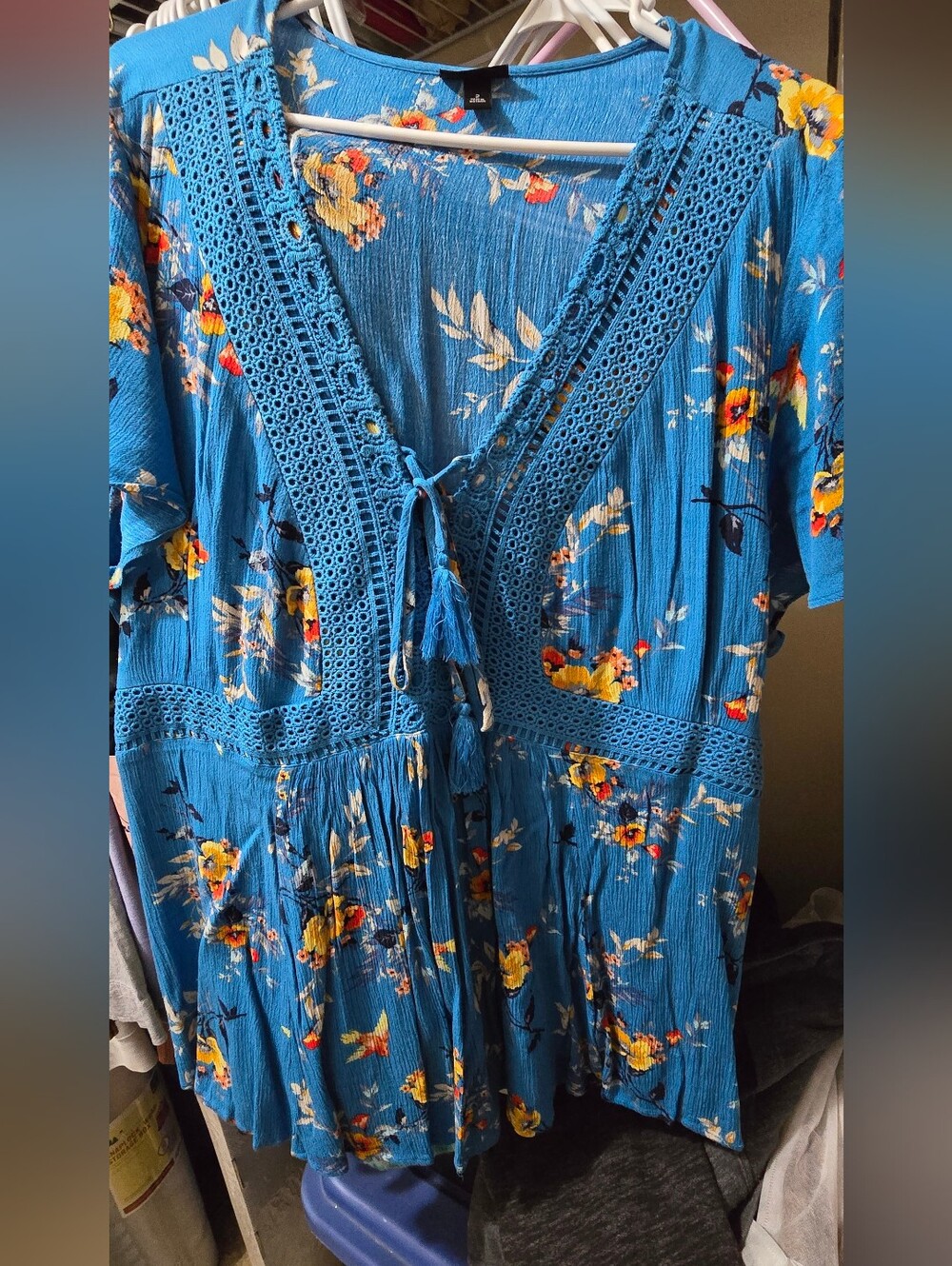 torrid Teal-Blue Floral Crochet Tie-Front Tunic